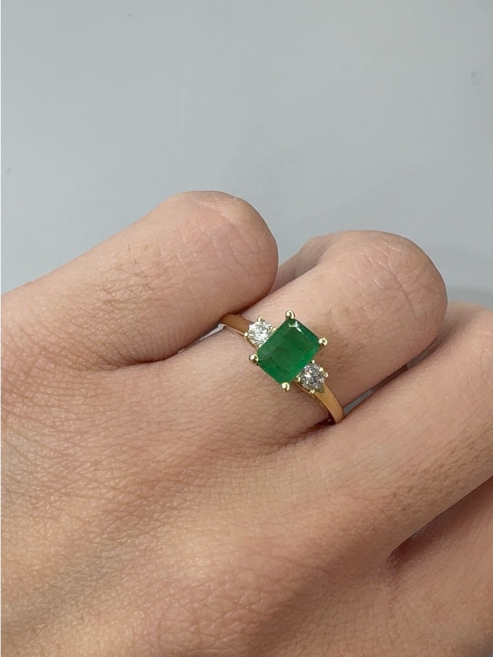 14KT Gold, Emerald and Diamond Three-Stone Ring -